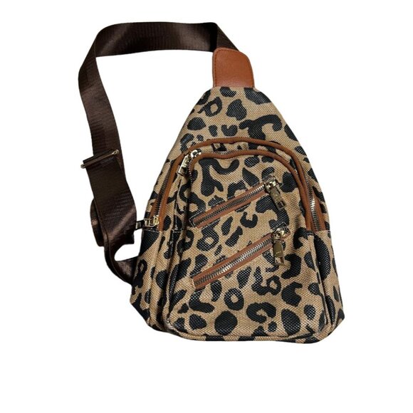 Leopard Print Sling Backpack With Multiple Zippered Pockets & Adjustable Strap - Picture 9 of 9